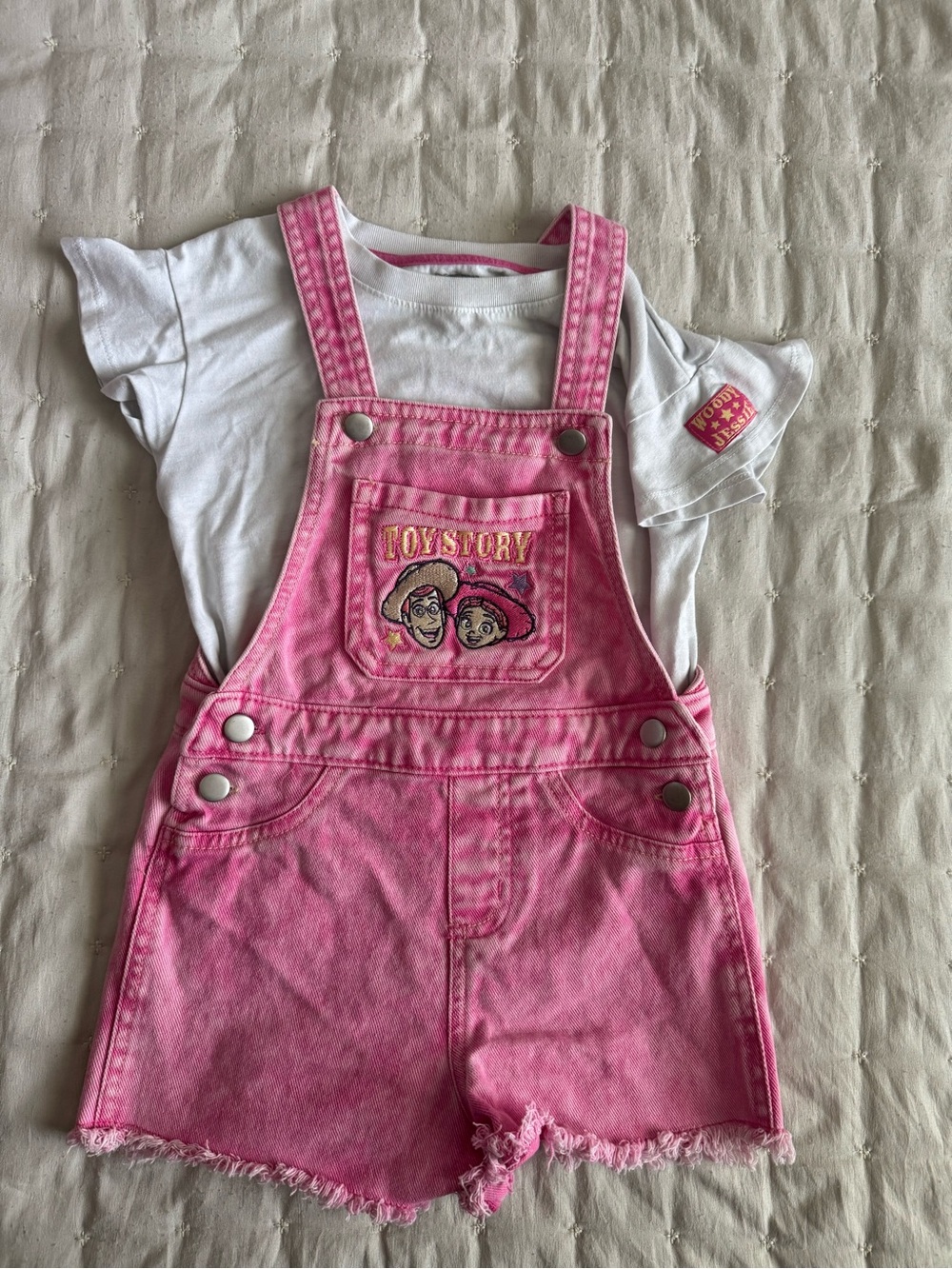 Disney Pixar Toy Story Jessie & Woody Pink Overall Shorts Outfit Set Girls 4T